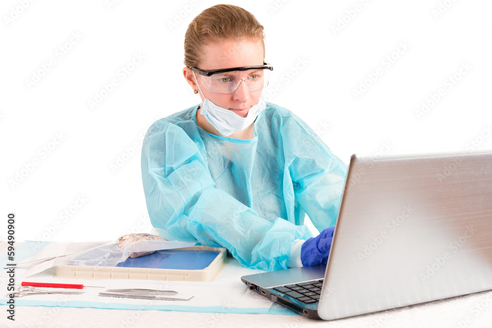 Doctor entering information on a laptop computer Doctor entering information on a laptop computer