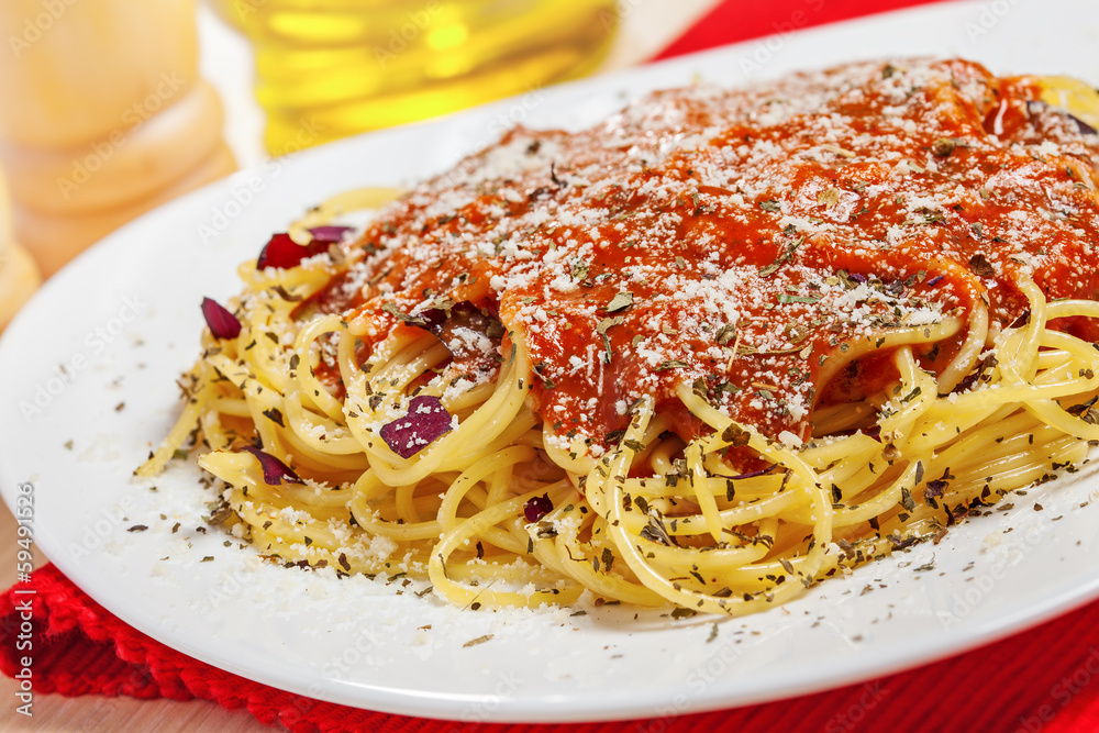 Food, Pasta with sauce and parmesan cheese