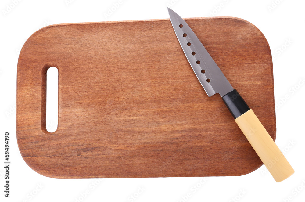 Kitchen knife  and wooden cutting board ,isolated on white