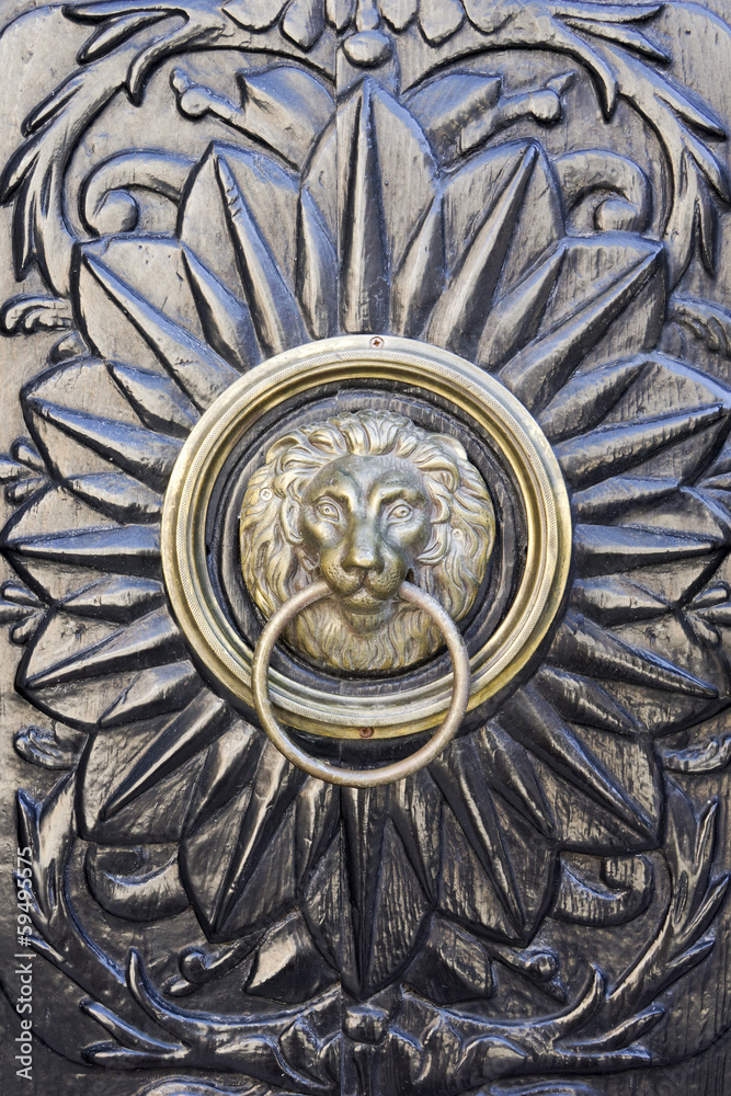 Beautiful decorated door knocker with lion's head Beautiful decorated door knocker with lion's head