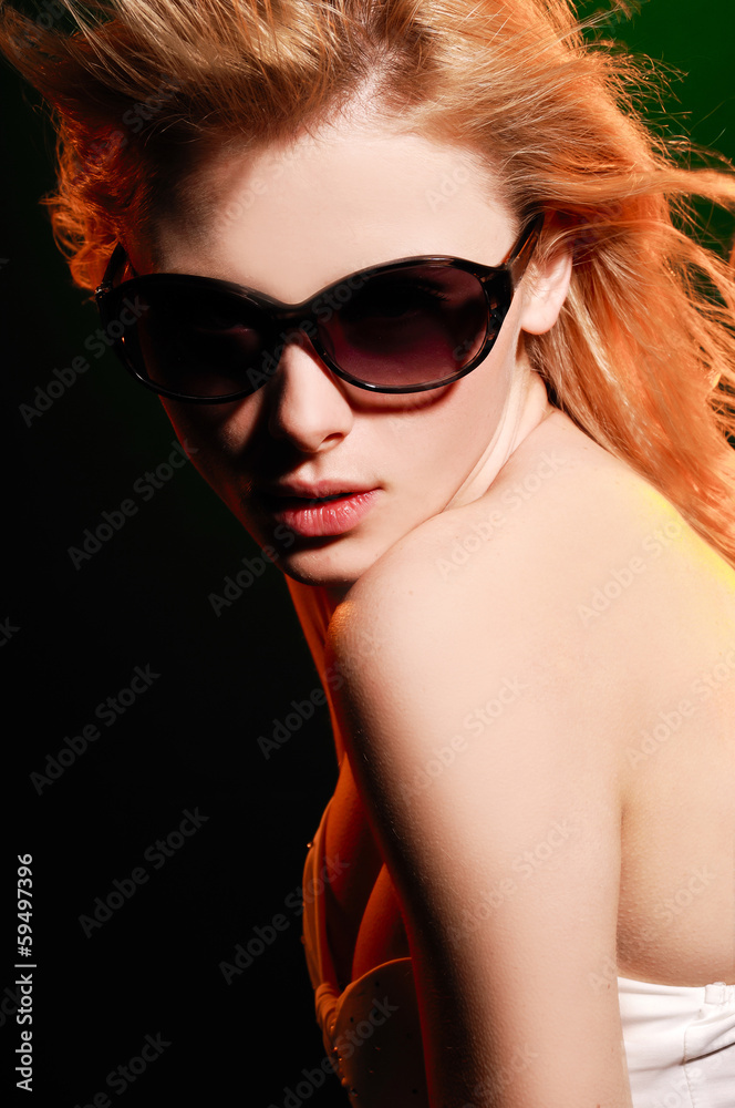 Close up Sexy underwear model in sunglasses