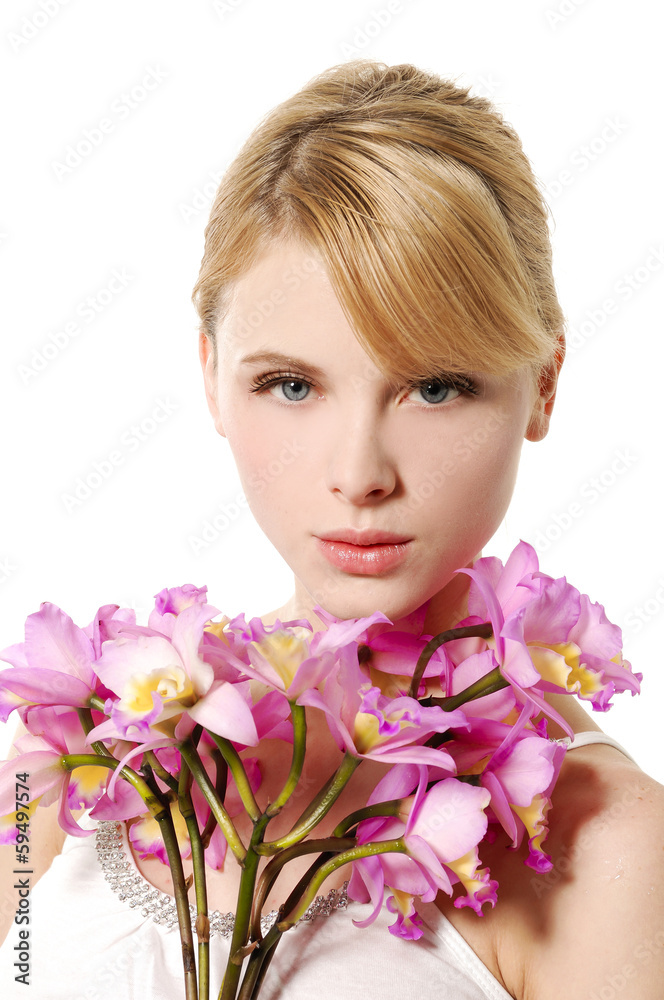 beautiful healthy blond girl with branch pink flower beautiful healthy blond girl with branch pink flower
