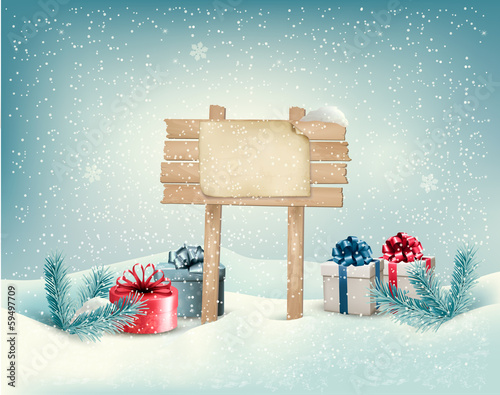 Christmas winter background with presents and wooden board. Vect