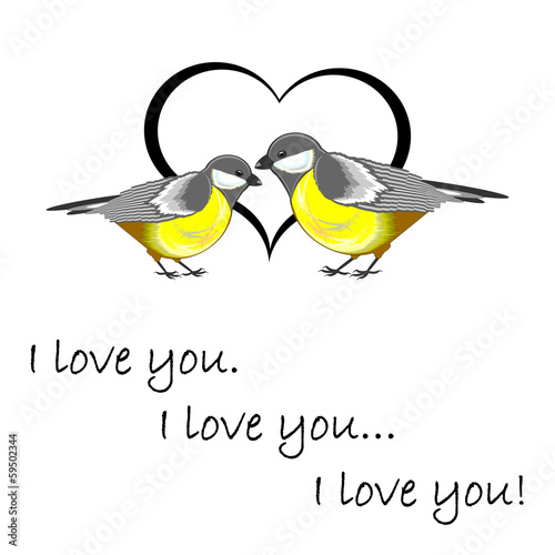 A couple of cute titmice with a heart and words "I love you". Va