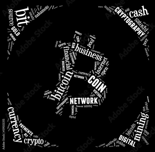 bitcoin logo word cloud with white wordings