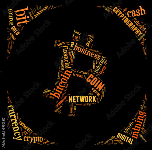 bitcoin logo word cloud with orange wordings