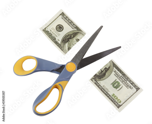 scissors cut a hundred dollar bill in half photo