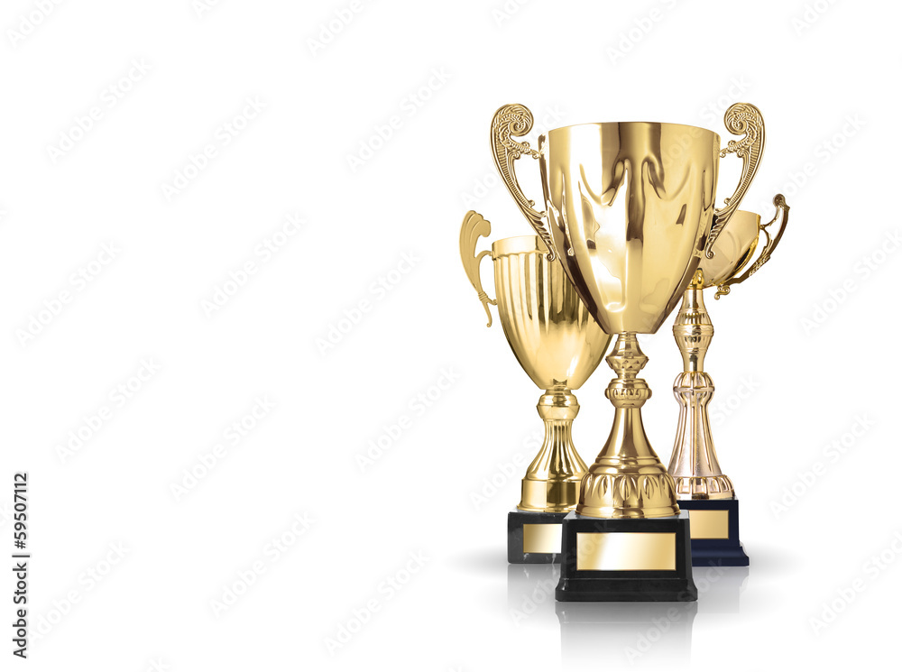 three different kind of golden trophies. Isolated on white backg three different kind of golden trophies. Isolated on white backg