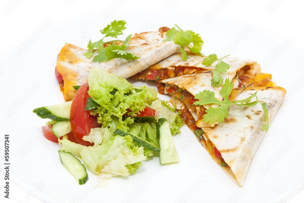 Mexican food dishes at the restaurant on a white background