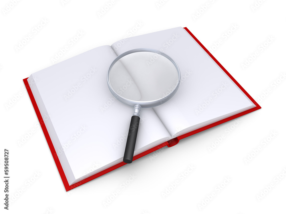 A magnifier is on top of an opened book A magnifier is on top of an opened book