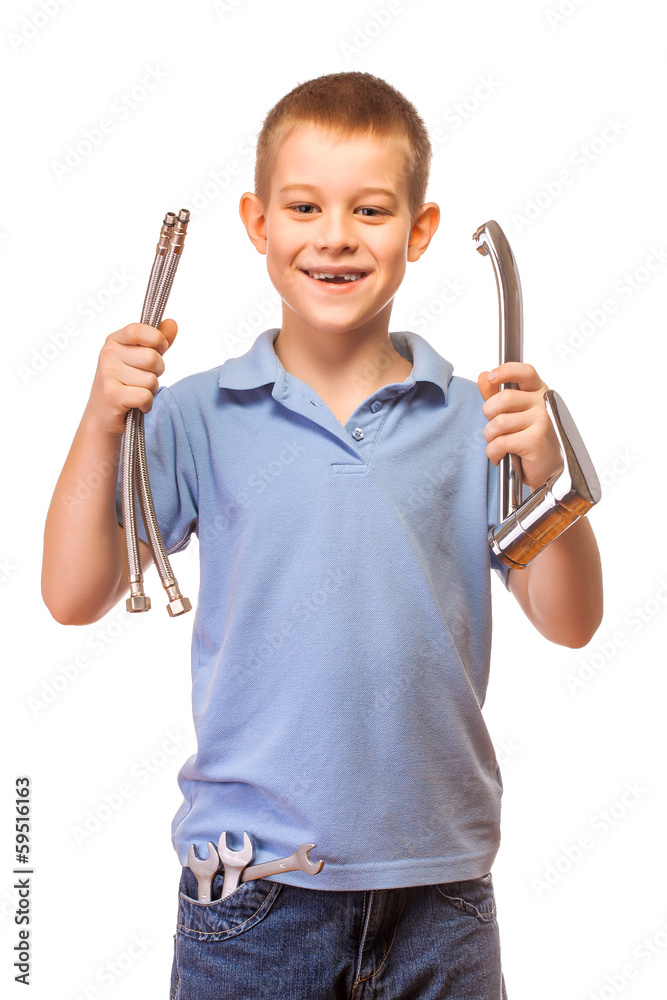 funny boy plumber with faucet on a white funny boy plumber with faucet on a white