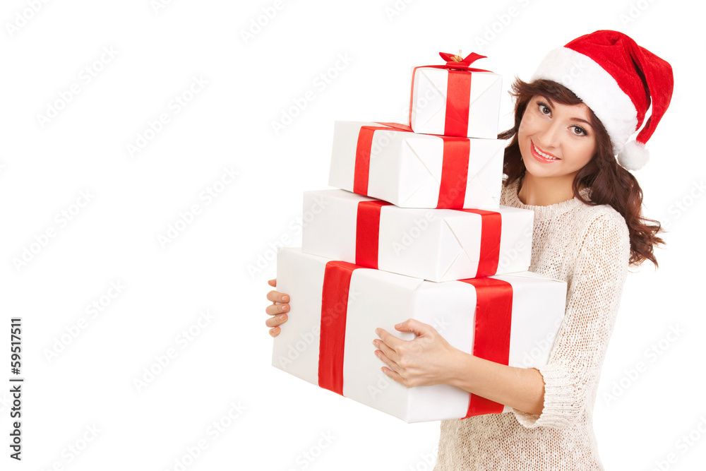Happy santa woman with gift boxes Happy santa woman with gift boxes