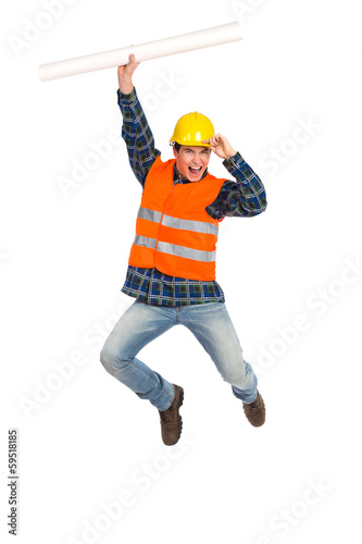 Construction worker celebrating success.
