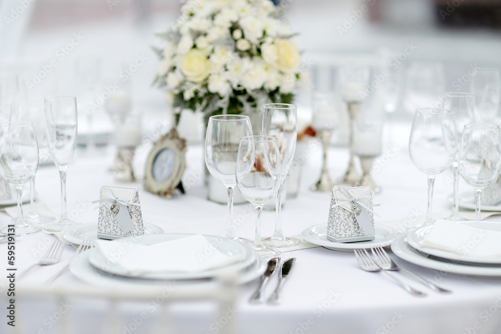 Table set for an event party or wedding reception Table set for an event party or wedding reception