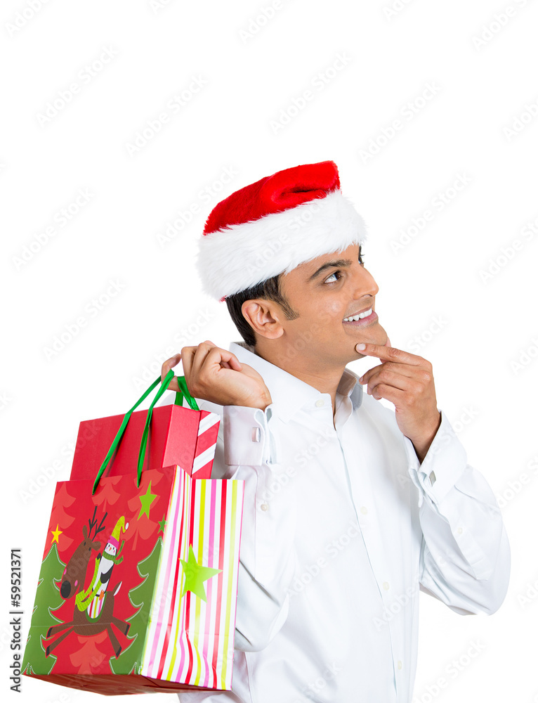 Happy christmas man holding gift bag, shopping Happy christmas man holding gift bag, shopping