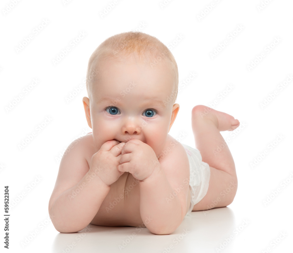 Infant child baby girl in diaper lying happy smiling Infant child baby girl in diaper lying happy smiling