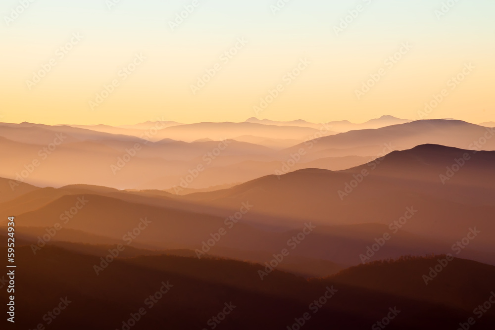Sunrise in mountains, summer, Carpathians
