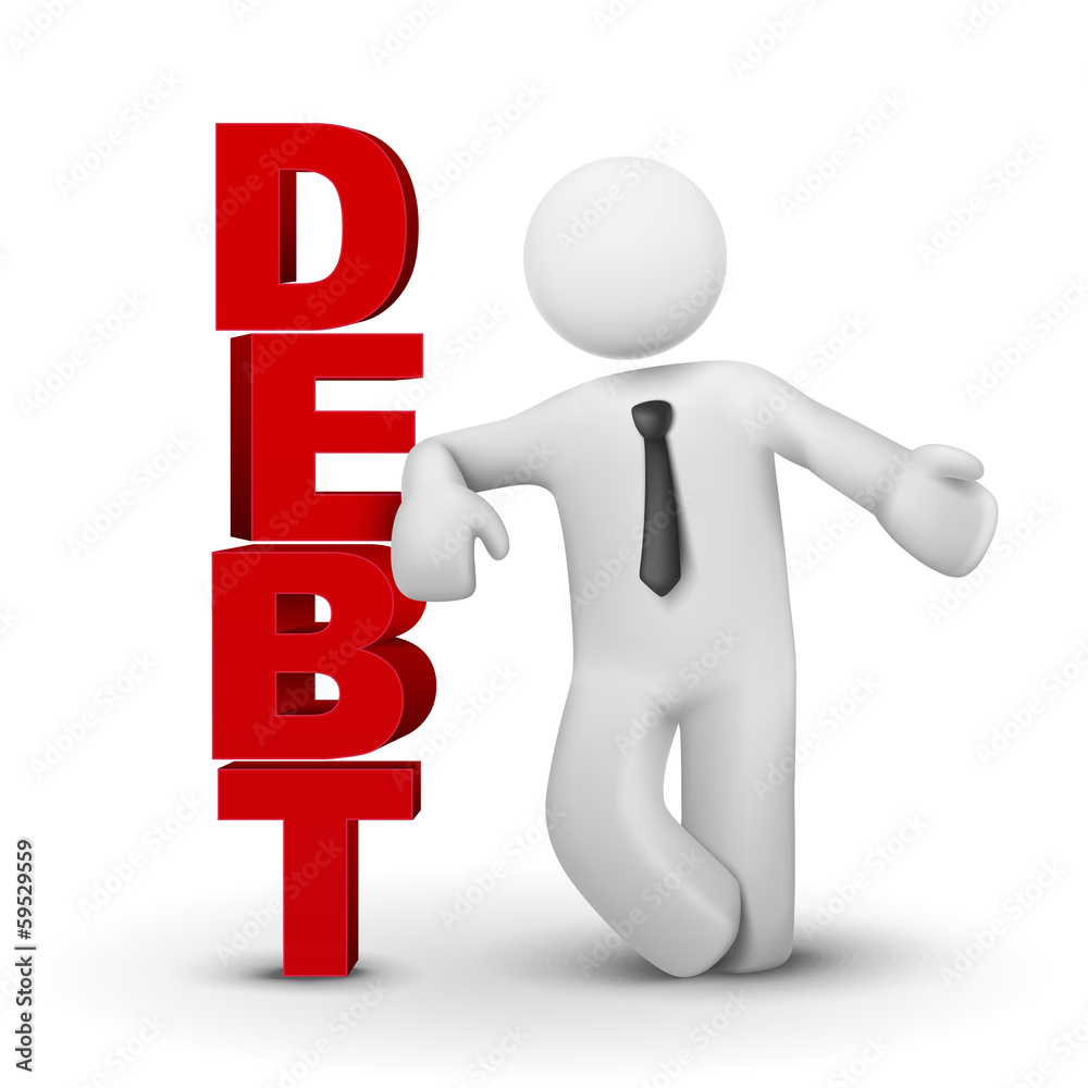 3d businessman presenting concept word debt 3d businessman presenting concept word debt