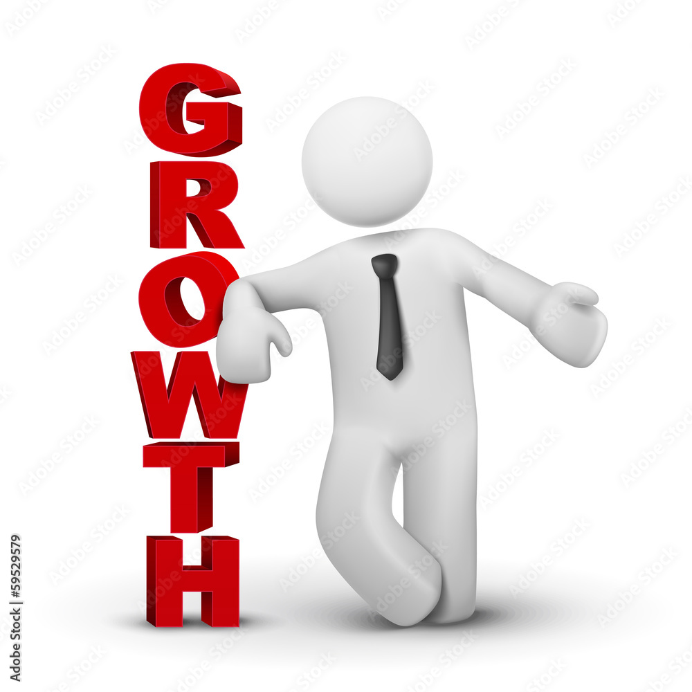 3d business man presenting word growth concept 3d business man presenting word growth concept