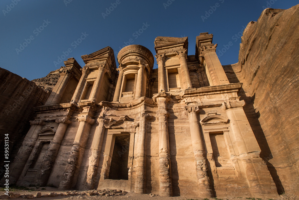 The Monastery in Petra in half shadow half light condition