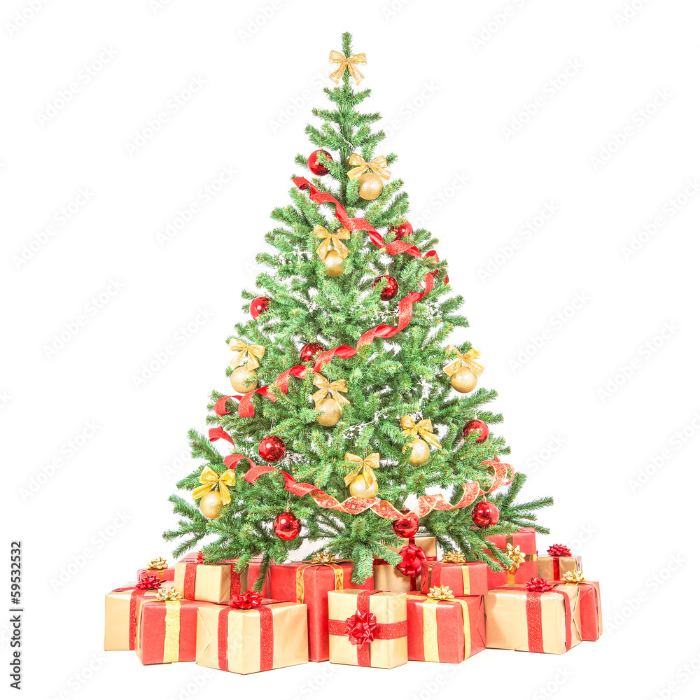 Decorated Christmas tree with many gift boxes isolated on white Decorated Christmas tree with many gift boxes isolated on white