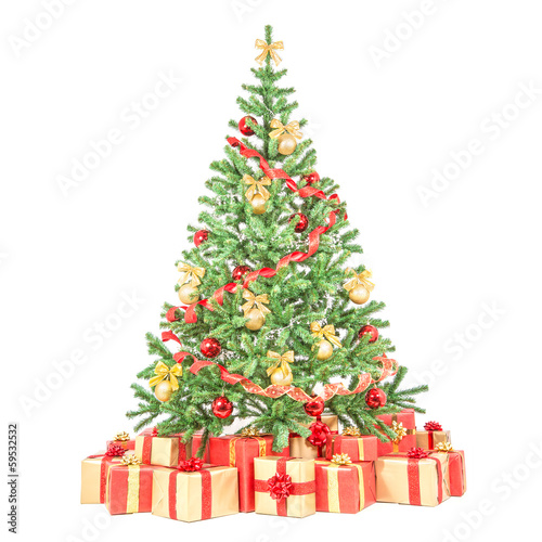 Decorated Christmas tree with many gift boxes isolated on white