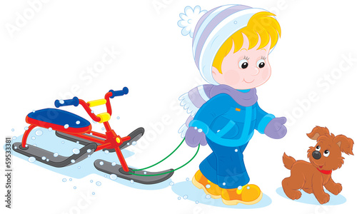 Child walks with a snow scooter and pup