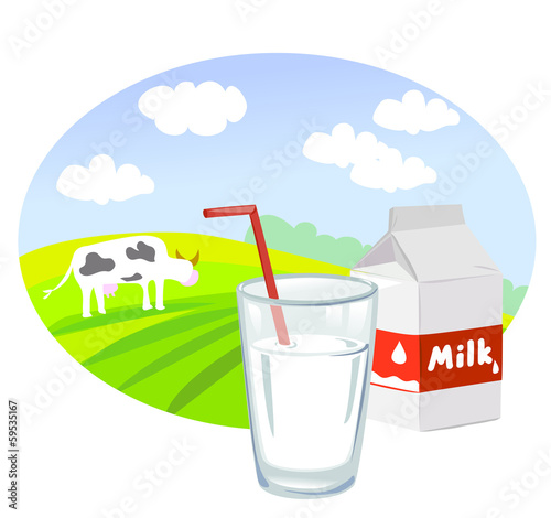 Box and glass with milk and rural landscape