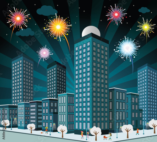 Night city in perspective and fireworks