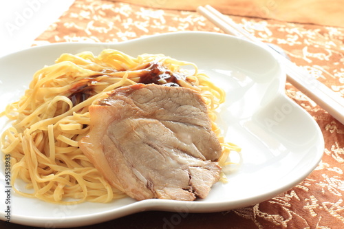 chinese cuisine, Lo men Egg noodles and sauce with roasted pork photo