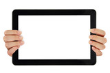 Female hands pointing on tablet with blank screen 