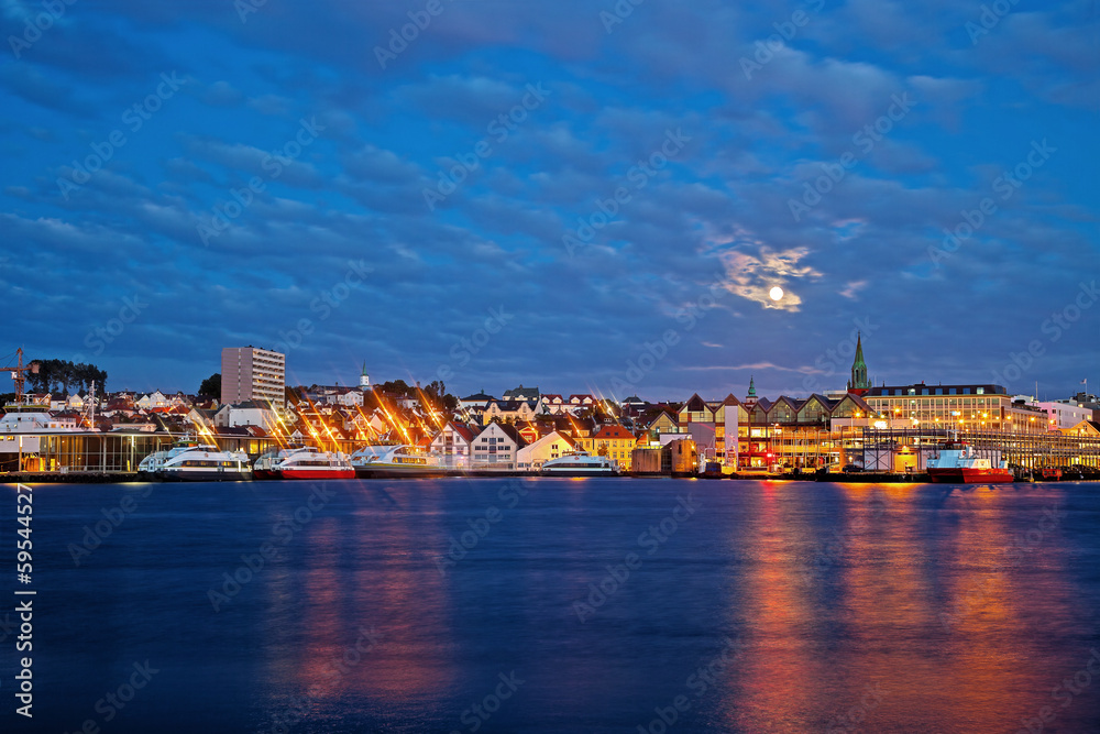 Night panorama of the port city of Stavanger, Norway.