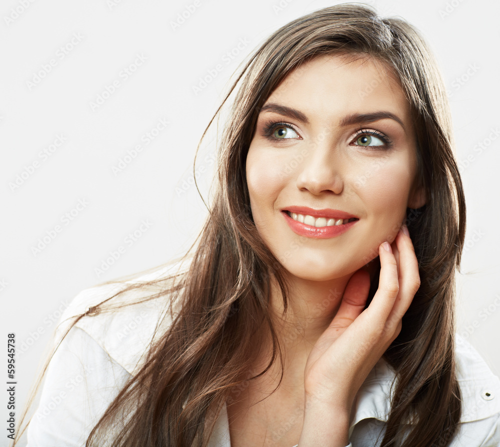 Woman face close up white backround isolated. Smiling girl port
