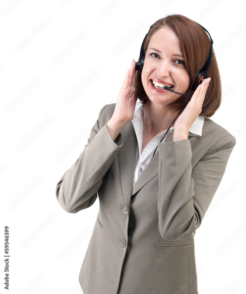 Pretty business woman in gray suit with earphones isolated on wh Pretty business woman in gray suit with earphones isolated on wh