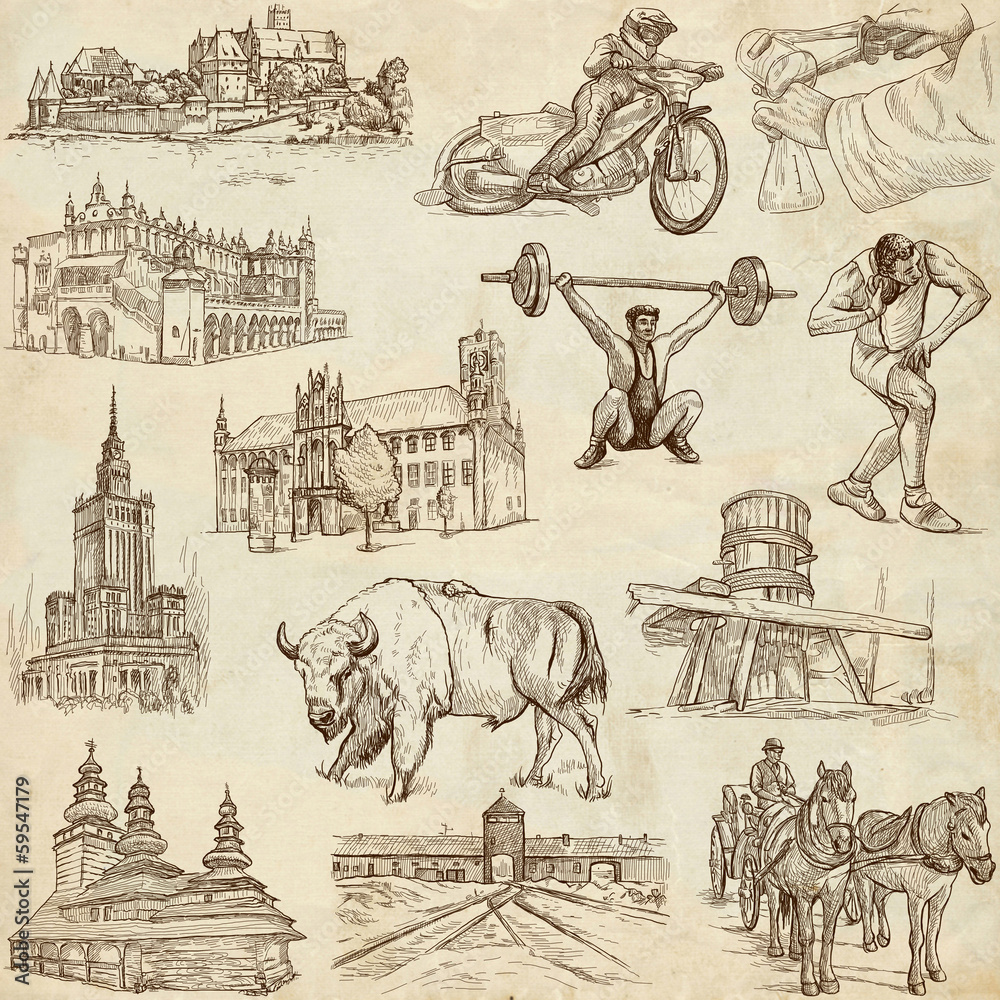 Naklejka premium Seria podróżnicza: POLSKA - rysunki ręczne, stary papier