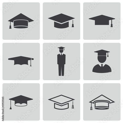 Vector black academic cap icons set
