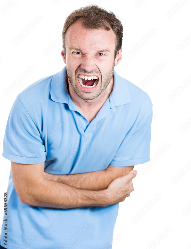 Angry, man with severe stomach pain, screaming out loud Angry, man with severe stomach pain, screaming out loud