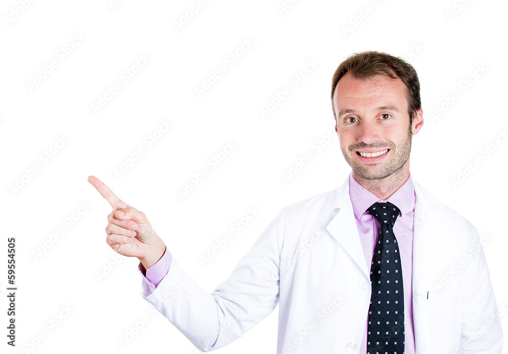 Smiling doctor, scientist pouting at a copy space Smiling doctor, scientist pouting at a copy space