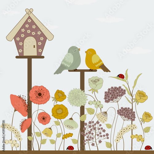 Cute birds and floral house