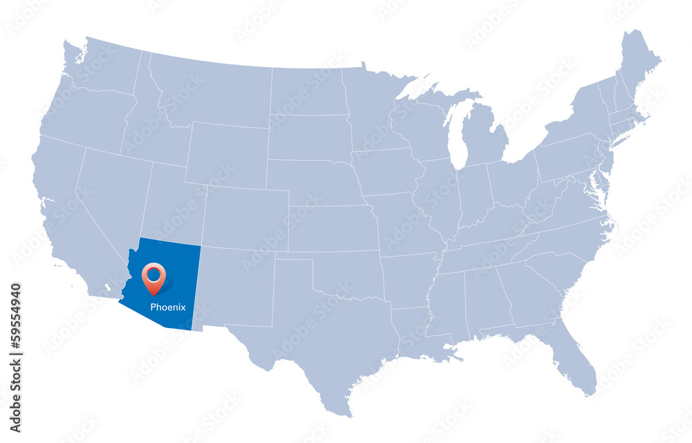 map of USA with the indication of State of Arizona and Phoenix