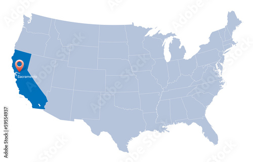 map of USA with the indication of State of California