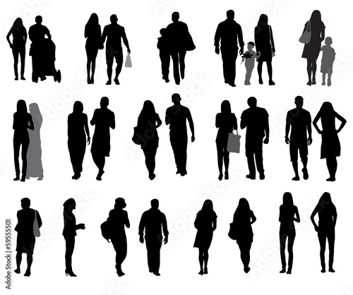 Set of Silhouette Walking People and Children. Vector