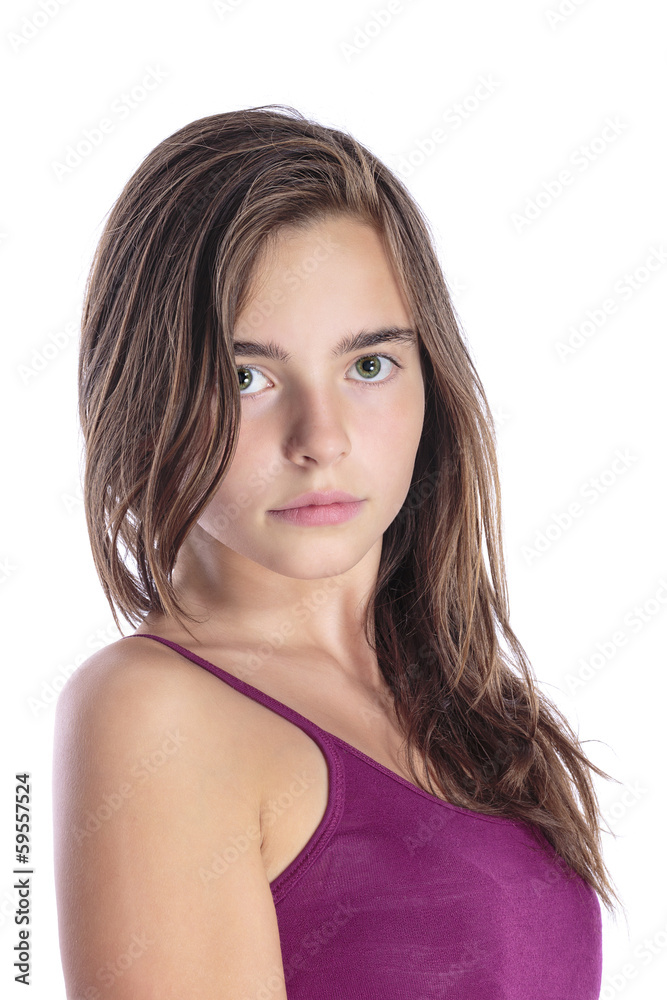 portrait of a female teenager with long brown hair, isolated on