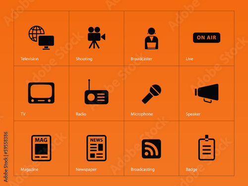 Media icons on orange background.