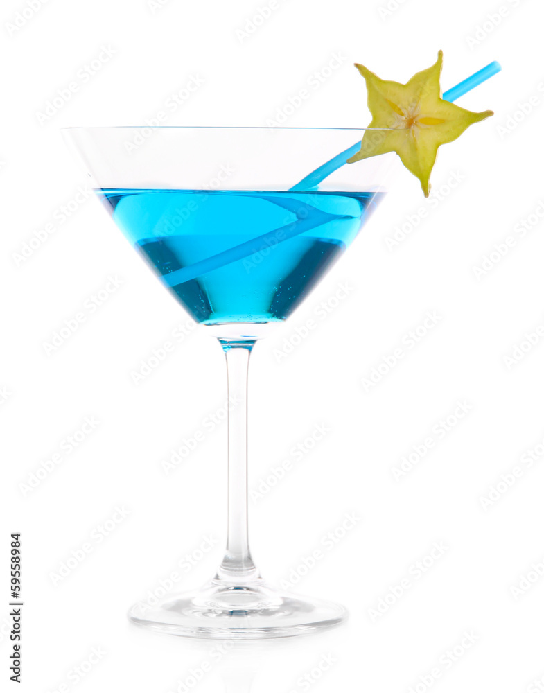 Blue cocktail in martini glass isolated on white