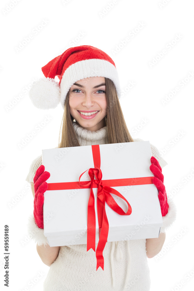 Excited Santa girl with big white gift box with red bow Excited Santa girl with big white gift box with red bow