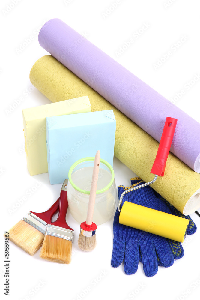 Wallpaper and accessories for glue wallpaper, isolated on white Wallpaper and accessories for glue wallpaper, isolated on white