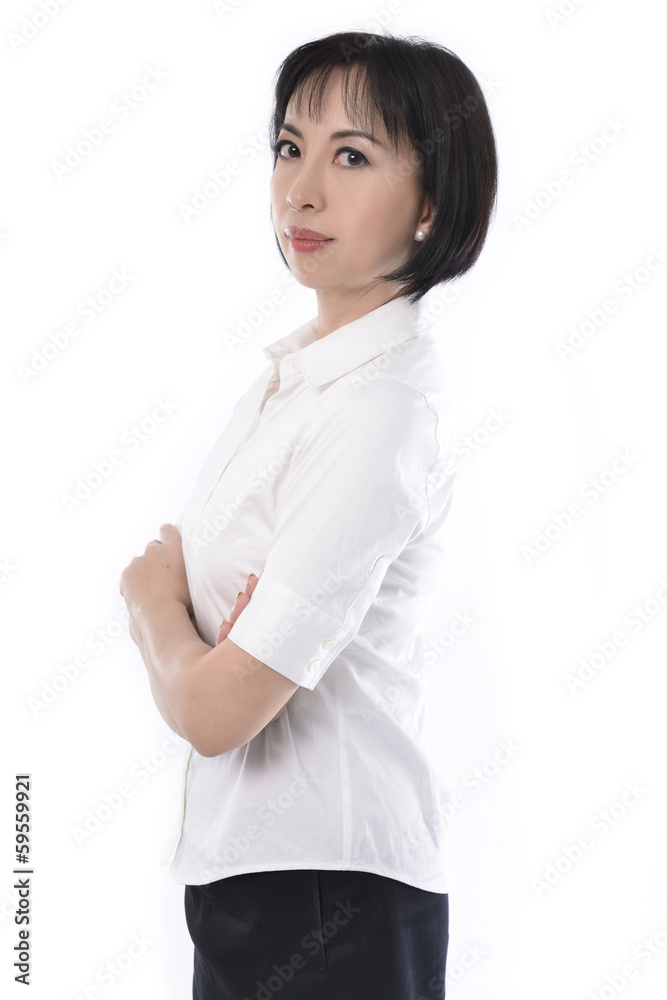 Attractive happy middle-aged woman in white suit. Attractive happy middle-aged woman in white suit.