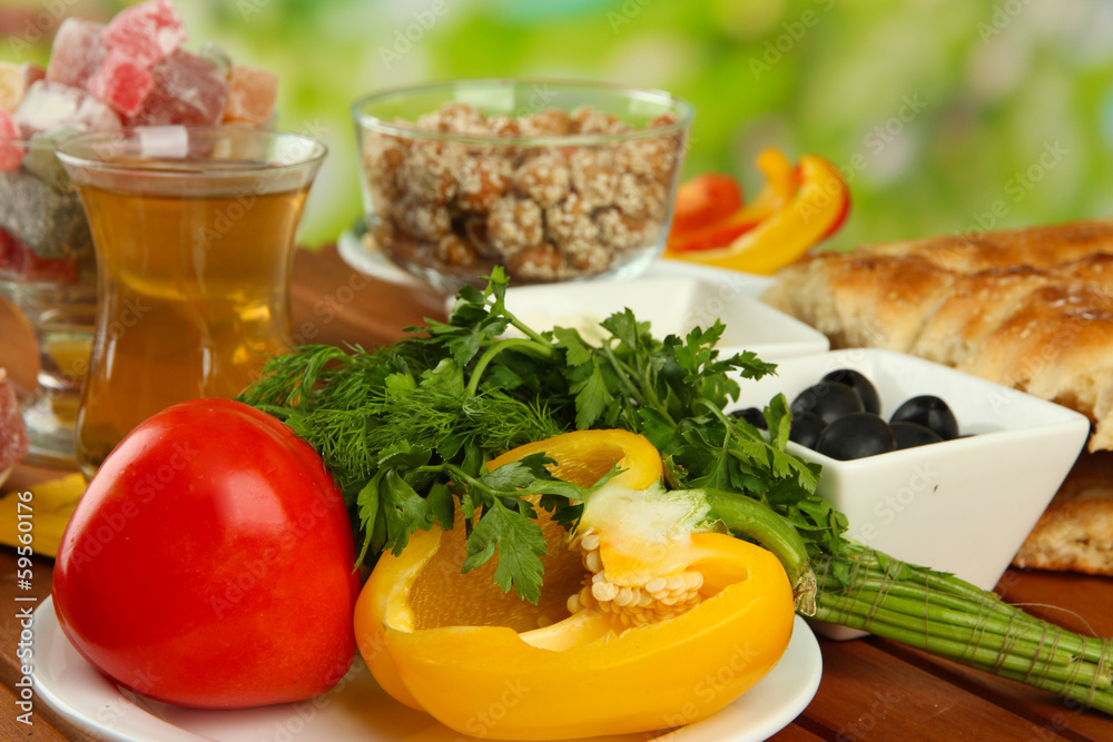 Traditional Turkish breakfast on table on bright background