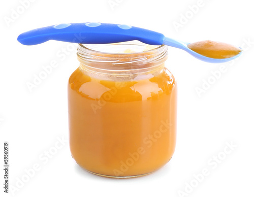 Jars  of baby food with banana, isolated on white